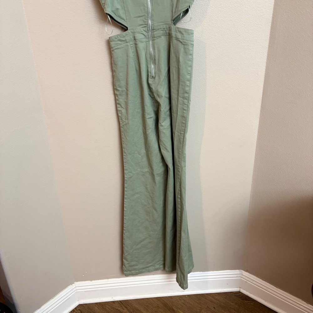 Flying Tomato Denim Jumpsuit S Sage Green Ruffle Cutout Flare - Picture 4 of 5